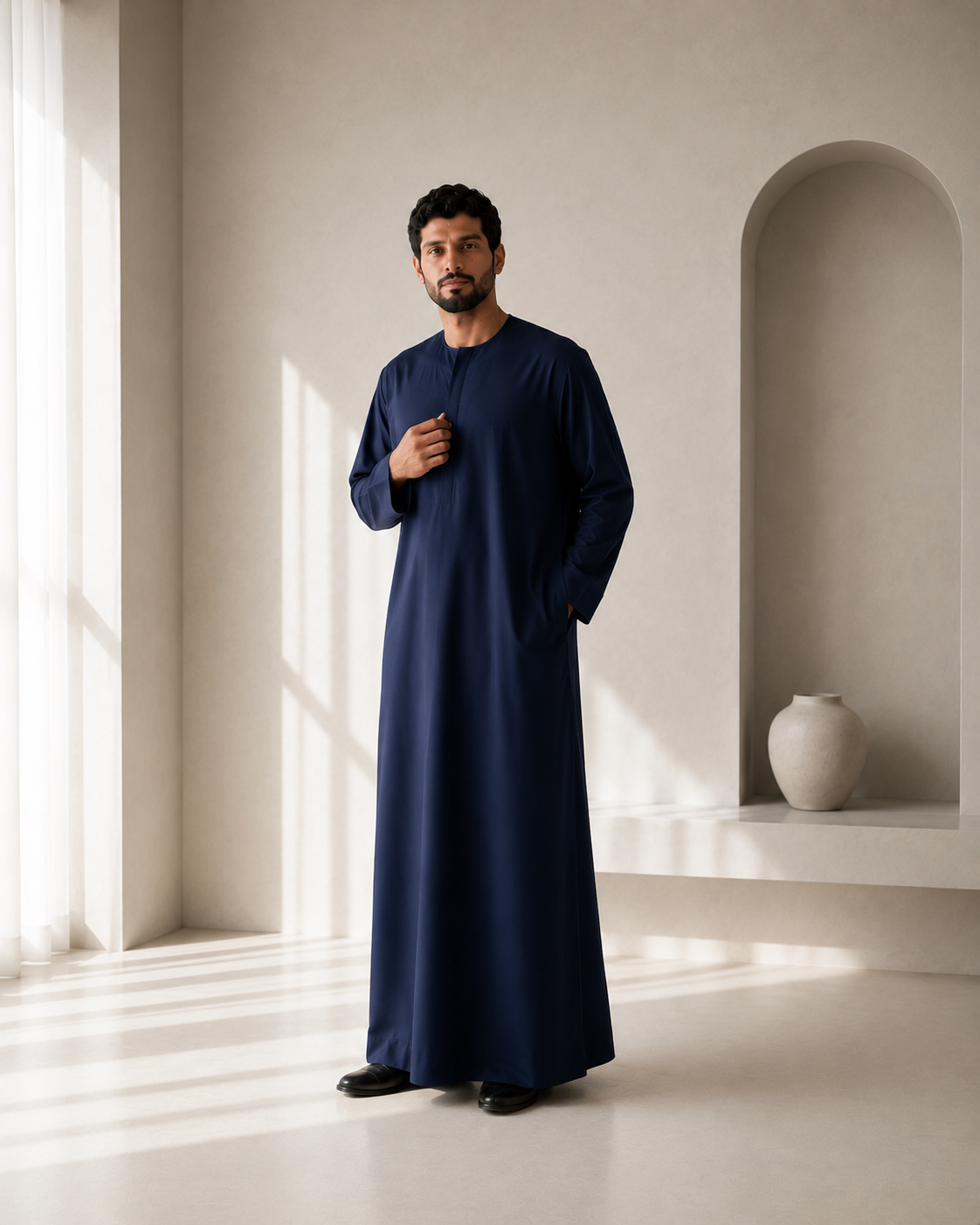 Model wearing a navy thobe in a warm minimalist interior