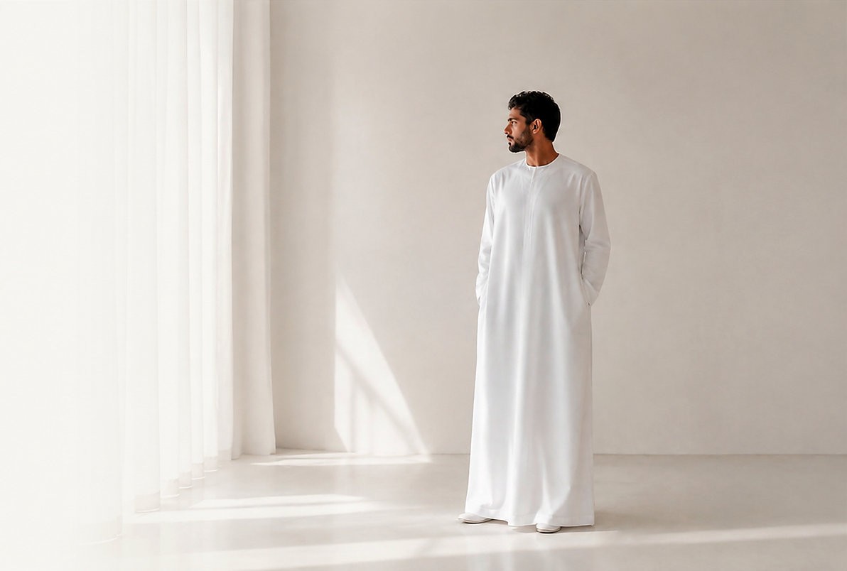 Man wearing a clean white collarless thobe
